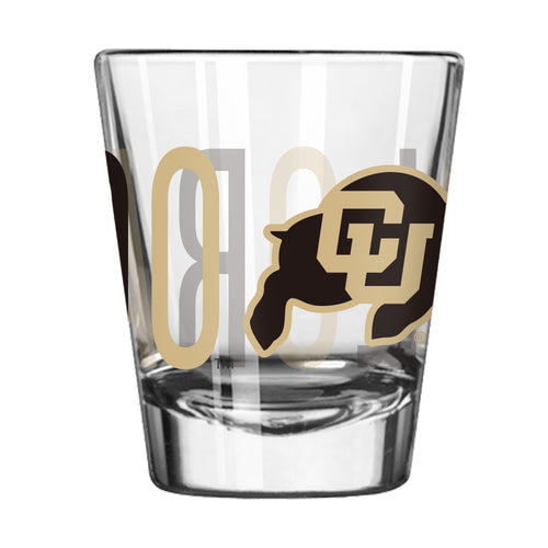Colorado 2oz overtime shot glass, Logo Brands drinkware with Colorado logo, clear glass with colorful design, perfect for shots.