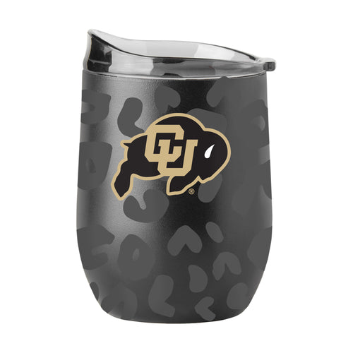Colorado Leopard 16oz black powder coat curved beverage drinkware by Logo Brands, featuring a leopard design and stainless steel construction.