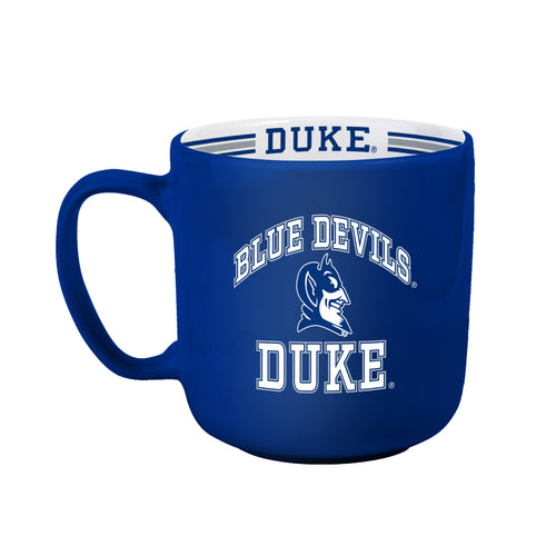Duke 15oz striped ceramic mug with blue and white design, Logo Brands drinkware for hot beverages.