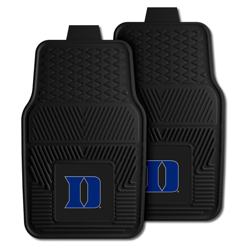 Duke University vinyl car mat set with two black auto mats featuring Duke logo, designed for vehicle interior protection.