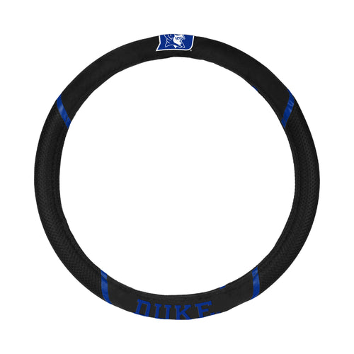 Auto steering wheel cover by Logo Brands featuring Duke University logo, designed for a secure fit and stylish university team support.