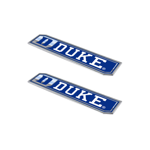 Duke University embossed truck emblems in a 2-pack, featuring the university logo on metal emblems for vehicle decoration.