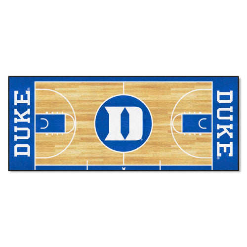 NCAA Duke University basketball runner mat with Duke logo, black background, designed for sports and game room decor.