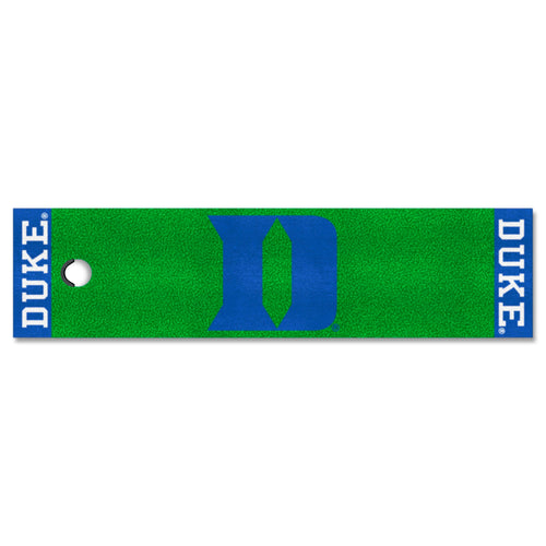 Duke University Logo Brands putting green mat with university crest and green turf surface for golf practice.