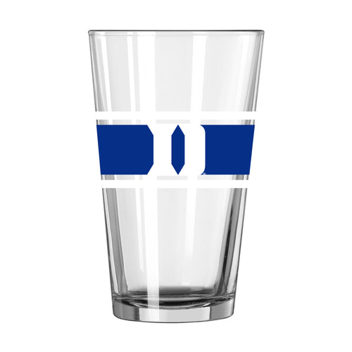 Duke 16oz Stripe Pint Glass by Logo Brands showing a clear glass with blue and white stripe design for drinking beverages.