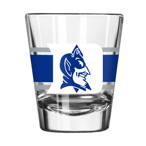 Duke 2oz stripe shot glass from Logo Brands, clear drinkware with blue and white stripe design, perfect for shots and beverages.