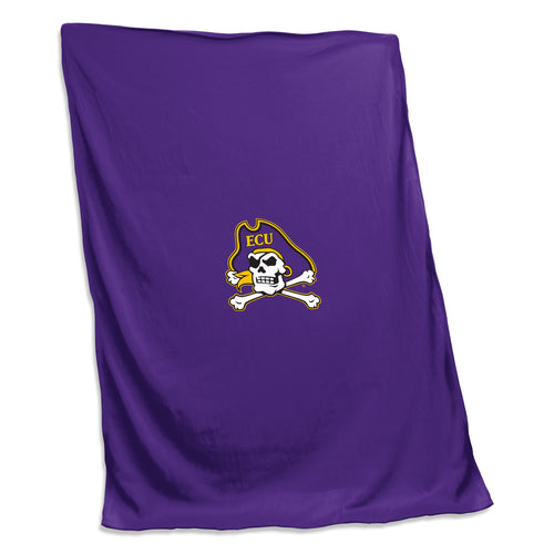 East Carolina University sweatshirt blanket by Logo Brands, showing a soft, cozy blanket with ECU logo and green and gold colors.