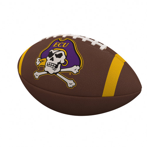 East Carolina Pirates official-size composite football with team stripe design, made by Logo Brands for recreation and sports use.