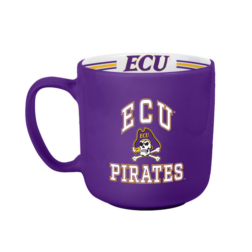 East Carolina 15oz striped mug, Logo Brands drinkware featuring green and white stripes, large handle, and team logo.