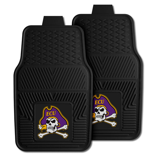 East Carolina University vinyl auto car mat set with ECU logo, includes two durable black vehicle mats for car floor protection.