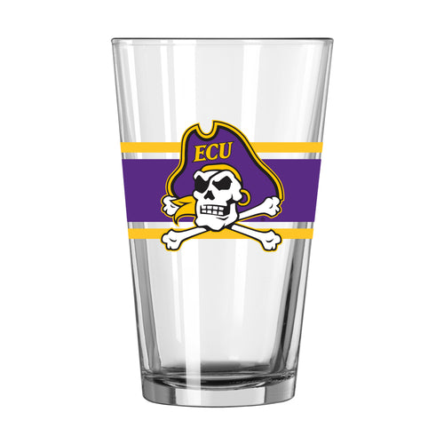 East Carolina stripe pint glass, 16oz drinkware by Logo Brands, featuring team colors and logo design.