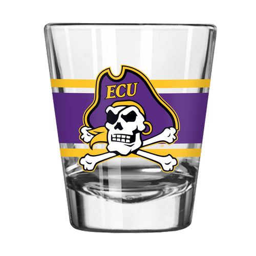 East Carolina 2oz stripe shot glass, Logo Brands drinkware with blue and white striped design, perfect for college sports fans.