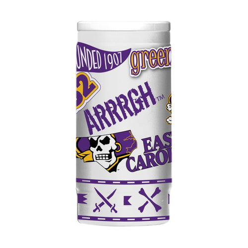 East Carolina 12oz Native Powder Coat slim can cooler, Logo Brands drinkware, featuring a colorful team logo on a slim can koozie