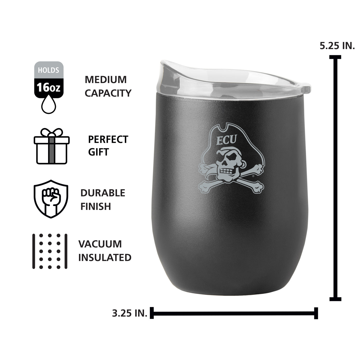 East Carolina Black 16oz Etch Powder Coat Curved Beverage