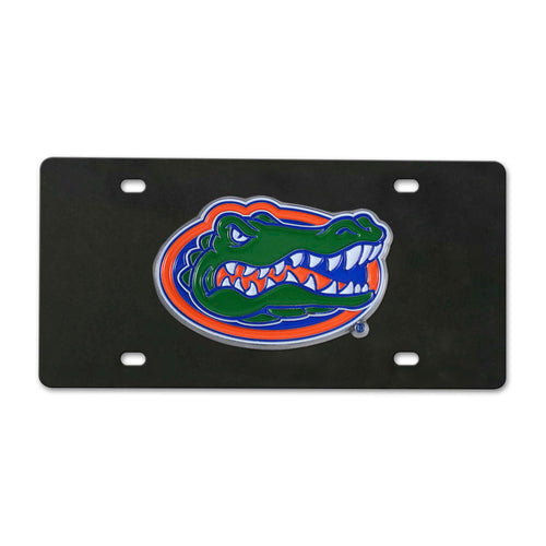 Black diecast University of Florida license plate with logo branding, featuring team colors and design for vehicle decoration.