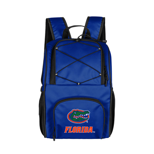 Florida 24 Can Flex Backpack Cooler by Logo Brands, blue insulated cooler with adjustable straps and multiple compartments.
