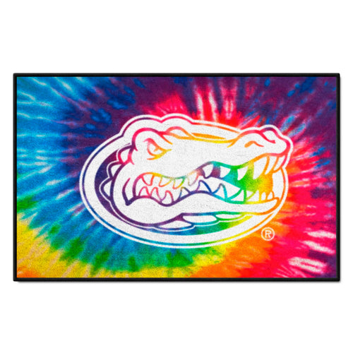 Tie dye University of Florida starter mat by Logo Brands, featuring vibrant Florida Gators logo design on a colorful mat.