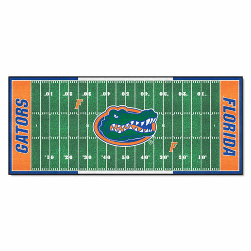 University of Florida football field runner mat by Logo Brands, featuring vibrant Gators branding and detailed turf design.