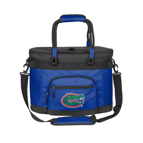 Florida 35 Can Flex Cooler by Logo Brands, soft-sided cooler with adjustable strap, multiple zippered compartments, and carrying handle.