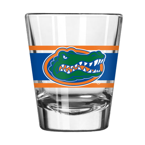 Florida 2oz stripe shot glass from Logo Brands, clear drinkware with blue and white stripe design, 2-ounce capacity.