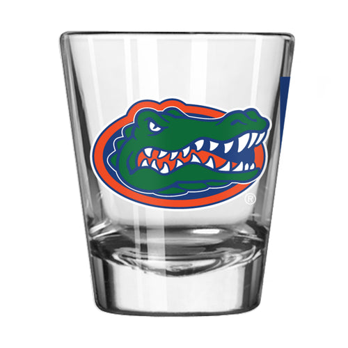 Florida 2oz Overtime shot glass from Logo Brands, clear glass drinkware with Florida-themed design and 2-ounce capacity.