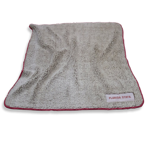 Florida State Frosty Floridaeece blanket by Logo Brands featuring the team logo and vibrant team colors on soft fleece fabric.