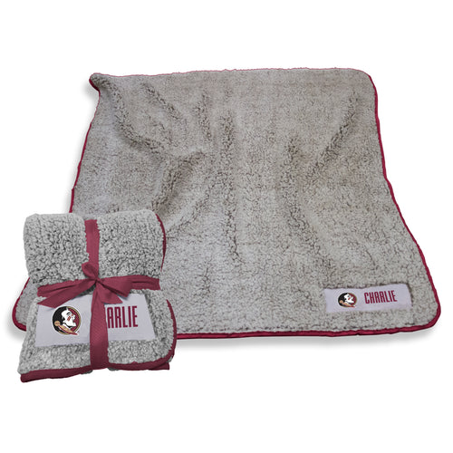 Florida State personalized Frosty fleece blanket by Logo Brands, featuring team logo and custom name embroidery.
