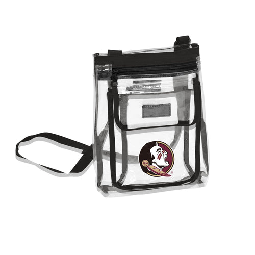 Clear crossbody bag with Florida State Gameday logo and adjustable strap, designed for stadium security and fan events.