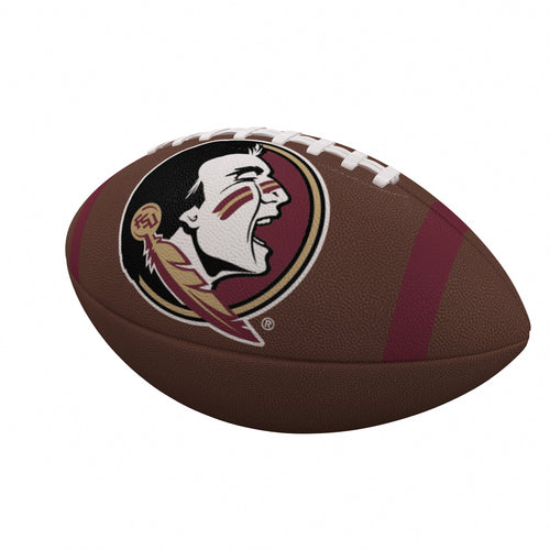 Official Florida State Seminoles stripe composite football by Logo Brands, showing team logo and white and garnet stripe design.
