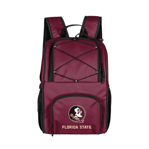 FL State 24 Can Flex Backpack Cooler by Logo Brands, black and gray cooler with adjustable straps and multiple compartments.