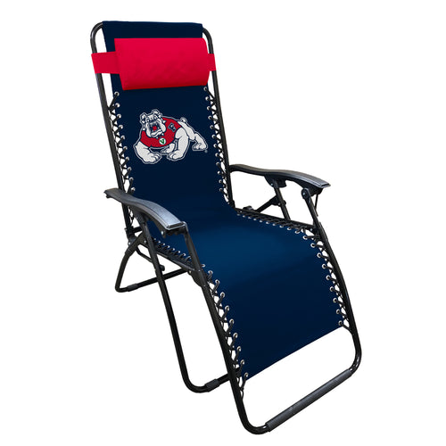 Fresno State Zero Gravity Lounger by Logo Brands with embroidered Fresno State logo, black cushioned outdoor furniture for relaxation.