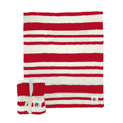 Fresno State Cable Knit Throw Blanket by Logo Brands, 50x60 inches, featuring red and gray cable knit pattern and Fresno State logo.