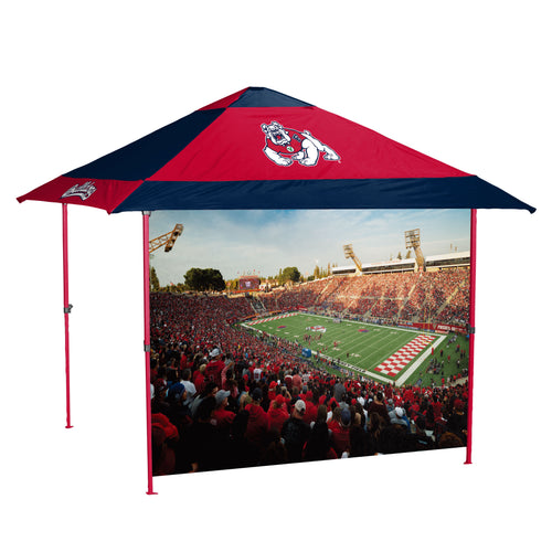 Fresno State 12x12 pagoda canopy shelter with Fresno State logo, featuring a sturdy frame and fabric roof for outdoor events