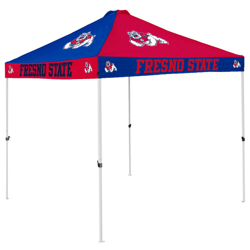 Fresno State checkerboard canopy shelter by Logo Brands, featuring green and white checkered fabric with Fresno State logo.