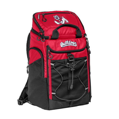 Fresno State 26-can backpack cooler by Logo Brands, featuring team logo and insulated main compartment for beverages.