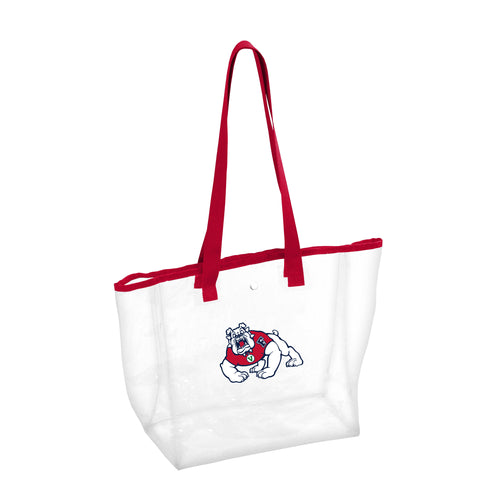 Clear stadium bag with Fresno State logo, made of durable material, designed for secure and transparent carrying at events.