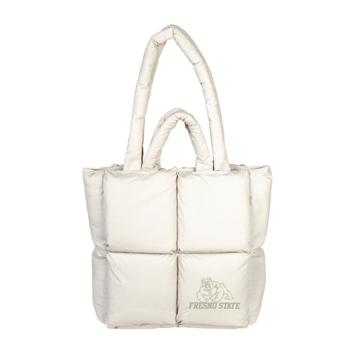 Fresno State Puff Sand Tote bag by Logo Brands, featuring the Fresno State logo on a stylish tote with puffed sand-colored fabric.