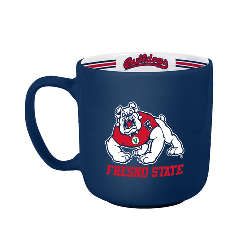 Fresno State 15oz striped mug by Logo Brands, ceramic drinkware with red and gray stripes and Fresno State logo.