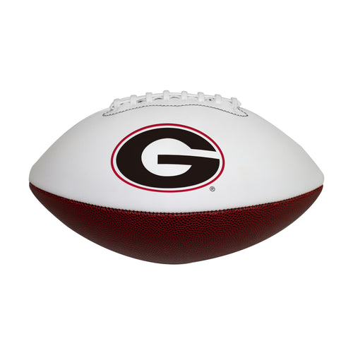 Official Georgia Bulldogs autograph football by Logo Brands, recreation size with signature visible on brown leather surface.