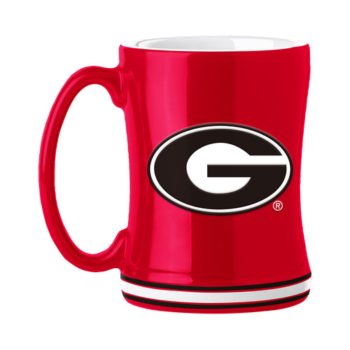Georgia 14oz Relief Mug by Logo Brands, ceramic drinkware with embossed Georgia logo and relief design, side view.