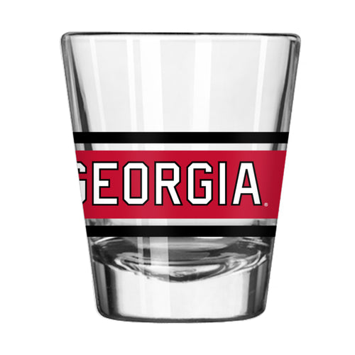 Georgia 2oz stripe shot glass from Logo Brands, clear drinkware with blue and white stripe design, perfect for shots and beverages.