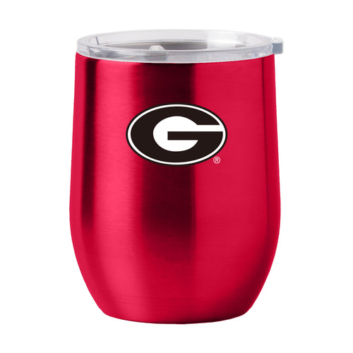 Georgia Gameday 16oz stainless steel curved beverage tumbler with logo branding and spill-resistant lid.