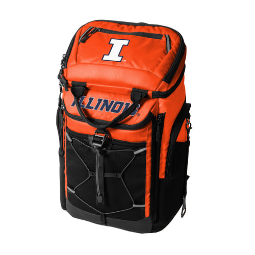 Illinois 26 Can Backpack Cooler by Logo Brands, black cooler with adjustable straps and insulated interior for beverages.