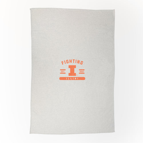 Illinois sublimated sweatshirt blanket by Logo Brands, showing a cozy, soft blanket with Illinois team logo and vibrant team colors.