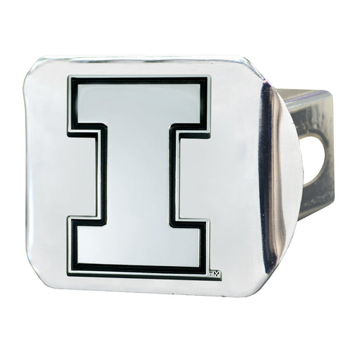 University of Illinois chrome hitch cover by Logo Brands featuring a chrome Illinois logo for vehicle decoration.