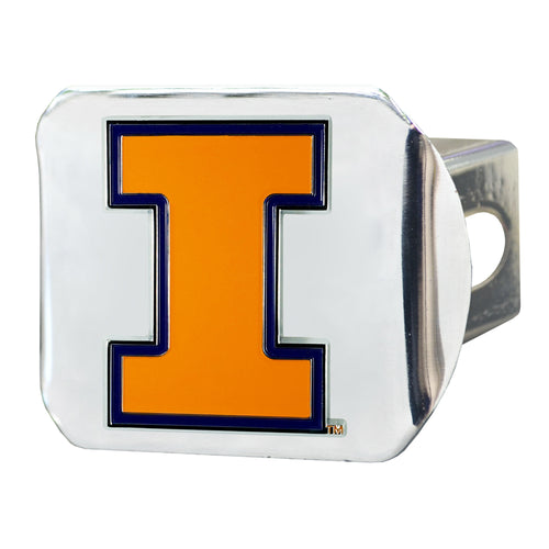 University of Illinois chrome hitch cover featuring the school's logo, designed for vehicle trailer hitches by Logo Brands.