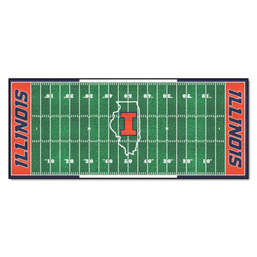 University of Illinois football field runner mat by Logo Brands, featuring vibrant orange and blue Illinois team colors and logo.