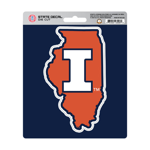 University of Illinois state shape decal by Logo Brands, featuring orange and blue Illinois outline with university logo.
