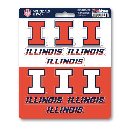 Set of 12 University of Illinois mini decals featuring the Illinois logo, ideal for decorating laptops, water bottles, or notebooks.