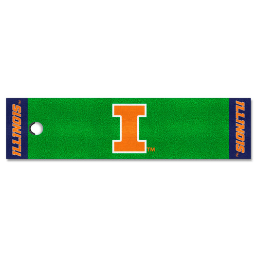 University of Illinois putting green mat by Logo Brands, featuring realistic turf for indoor golf practice and skill improvement.